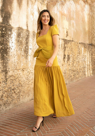 VESTIDO RANIA MOSTAZA AGUACATE