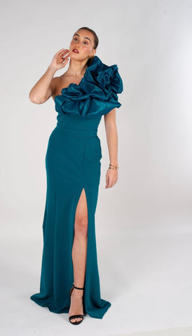 VESTIDO CON VOLANTE ASIMÉTRICO ODILE VERDE