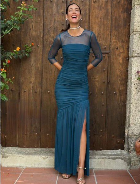 VESTIDO GALA VERDE OLIVA Y VERDE PATO