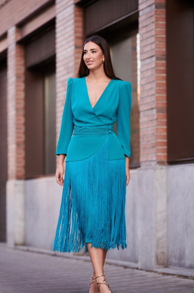 VESTIDO SADIE, FAJÍN DE QUITA Y PON AZUL PETRÓLEO.