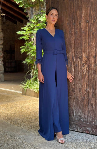 CONJUNTO DE CASACA CON PANTALÓN ISOLDA VERDE ESMERALDA Y AZUL NOCHE