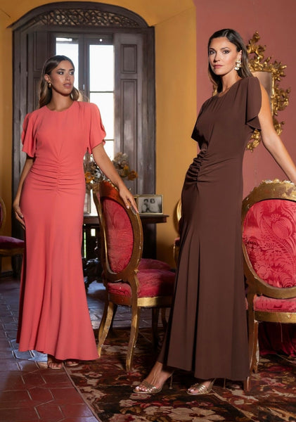 VESTIDO ANNELIE CON FRUNCE EN COLOR MARSALA Y VERDE AGUA.