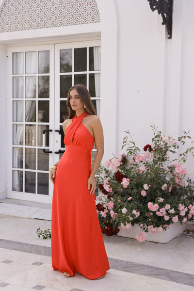 VESTIDO CORAL RASO ANUDADO AL CUELLO