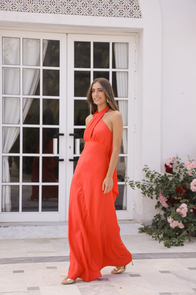 VESTIDO CORAL RASO ANUDADO AL CUELLO
